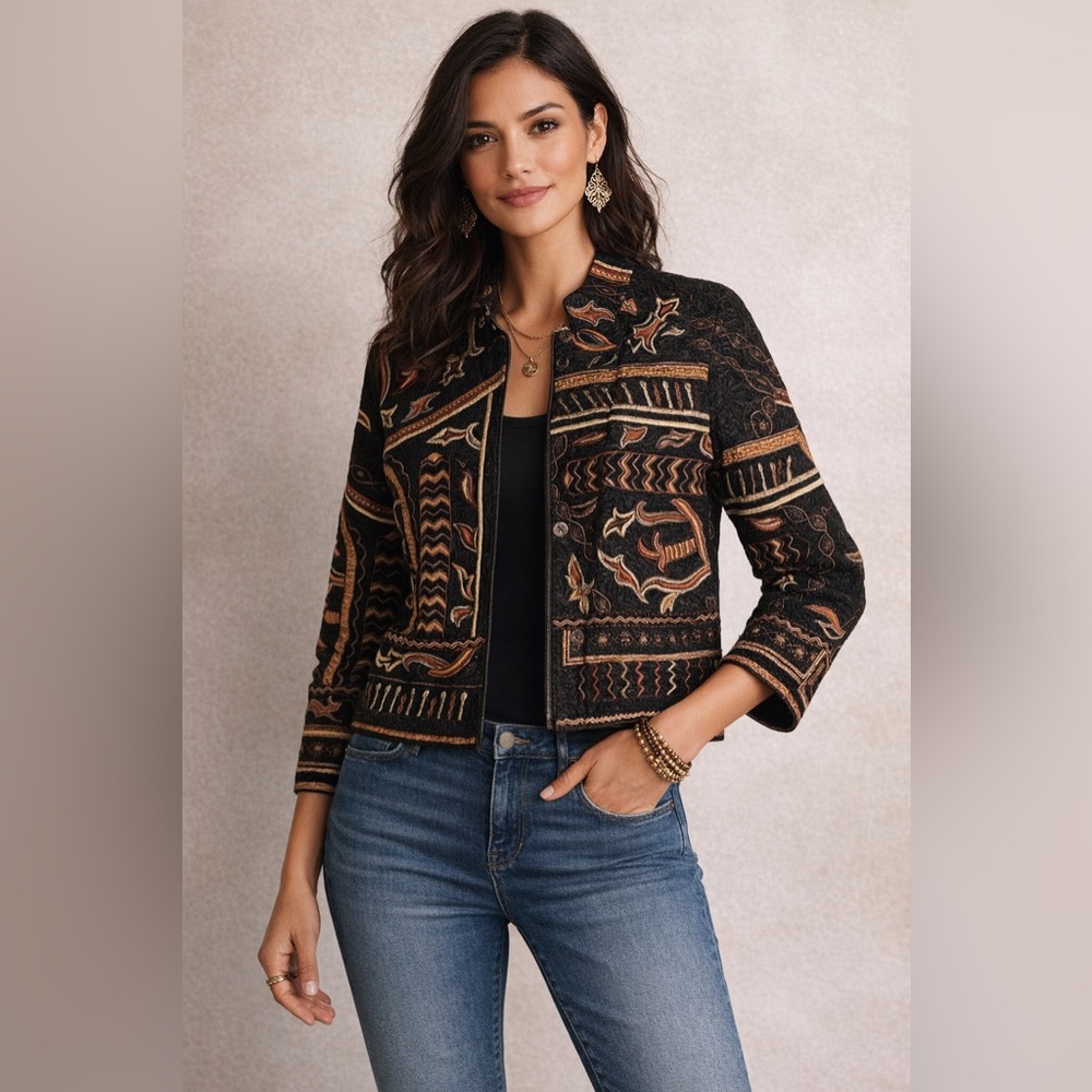Chico’s Embroidered Metallic Boho Jacket Black Bronze Size 0